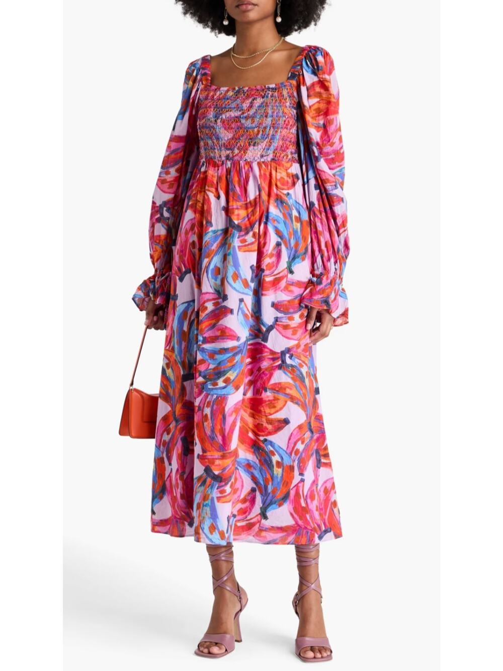 FARM Rio Banana Print Smocked Maxi Dress XS Pink/Multicolor Puff Sleeves